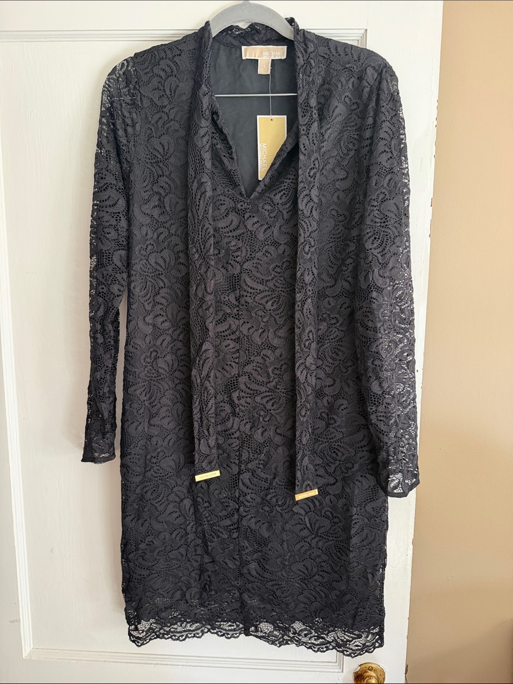 Michael Kors Black Lace Long Sleeve V-Neck Dress with Tie